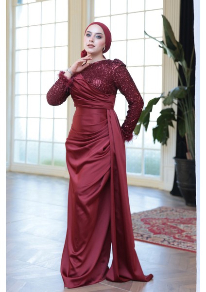 Boncuk Işlemeli Bordo Tesettür Abiye Elbise 52151BR fiyatları