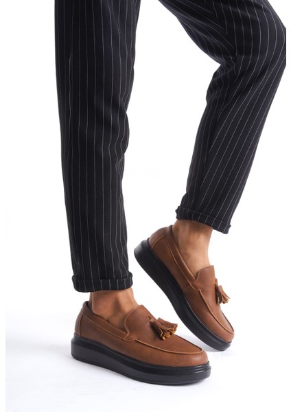 J154 Blaze Bağcıksız Püsküllü Cilt Erkek Günlük Spor Klasik Ayakkabı Cst - Taba