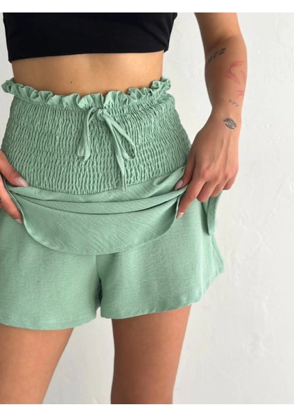 Konfor Modeli Yeşil Beli Lastikli Gipeli Pamuklu Yüksek Bel Kat Kat Mini Kloş Çan Modeli Şort Etek