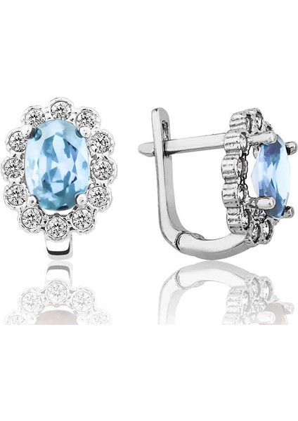 Gümüş Turkuaz Çiçek Desenli J Kadın Küpe