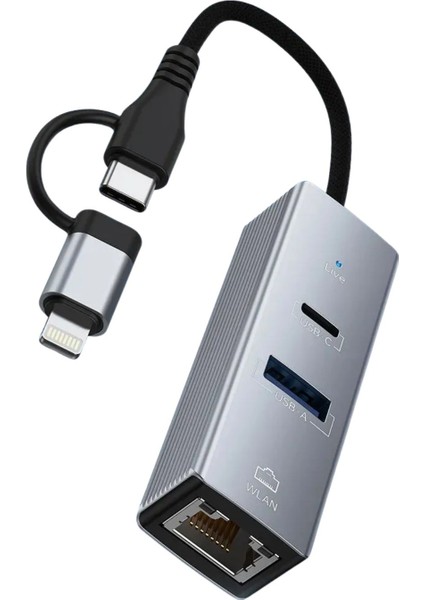 3 Portlu Ağ Ve Veri Adaptörü: Rj45 Lan + Usb 3.0 + Type-C Girişli | Metal Kasa