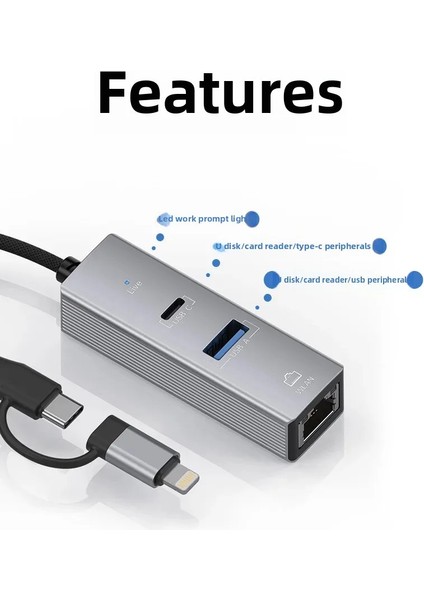 3 Portlu Ağ Ve Veri Adaptörü: Rj45 Lan + Usb 3.0 + Type-C Girişli | Metal Kasa