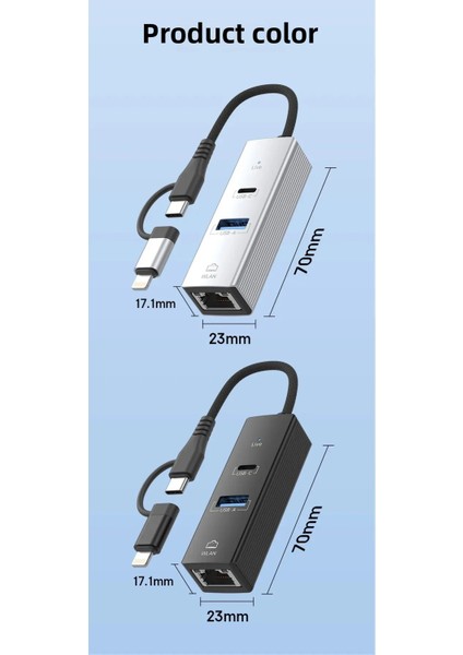 3 Portlu Ağ Ve Veri Adaptörü: Rj45 Lan + Usb 3.0 + Type-C Girişli | Metal Kasa