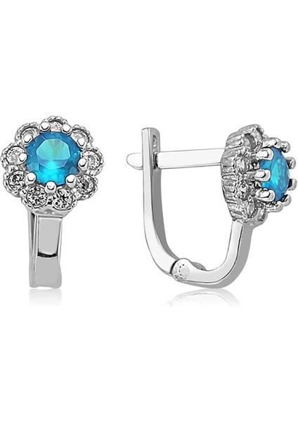 Gümüş Turkuaz Çiçek Desenli Yuvarlak J Kadın Küpe