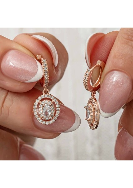 Gümüş Rose Oval Taşlı Sallantılı Küpe
