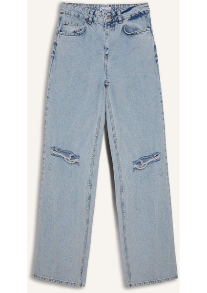 Straight Wide Yırtık Detaylı Yüksek Bel Uzun Jean Yıkamalı Pantolon E8016AX25SM