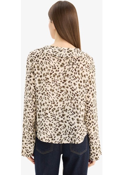 Regular Fit V Yaka Leopar Desenli Maroken Uzun Kollu Gömlek E9217AX25SP