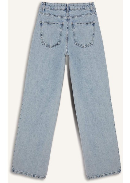 Straight Wide Yırtık Detaylı Yüksek Bel Uzun Jean Yıkamalı Pantolon E8016AX25SM