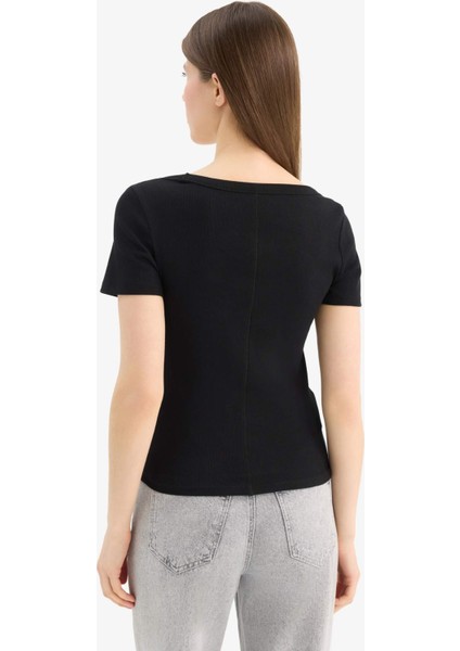 Slim Fit Dar Kesim Bisiklet Yaka Basic Düz Fitilli Kaşkorse Kısa Kollu Siyah Tişört F0684AX25SP