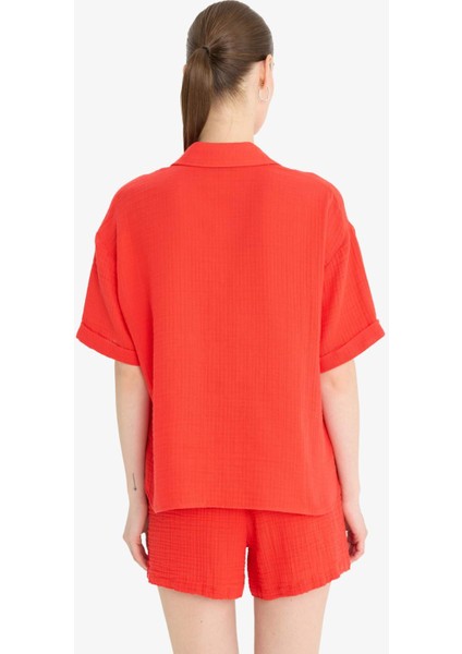 Regular Fit Müslin Kısa Kollu Kırmızı Gömlek F0884AX25SM