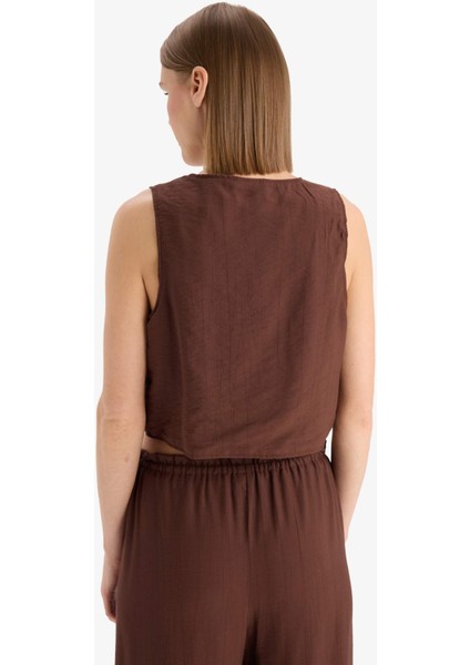 Regular Fit V Yaka Bağlamalı Krinkıl Kumaş Kolsuz Bluz F0617AX25SM