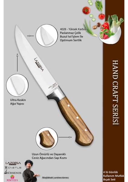Hand Craft Mutfak Bıçak Seti Et Ekmek Sebze Meyve Bıçağı 4 Lü Set Günlük Kullanım ( Mtf-583 )