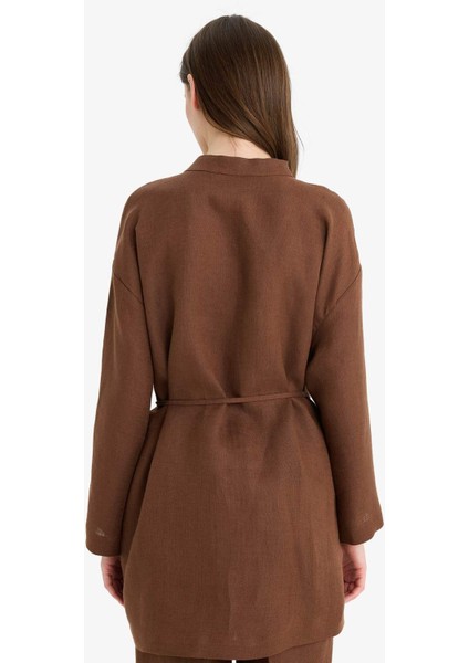 %100 Keten Regular Fit Bağcıklı Uzun Kollu Tesettür Gömlek Tunik D4394AX25SM