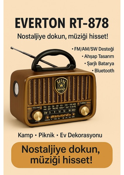 RT-878 Usb/bt/fm Nostajik Radyo + Fenerli Müzik Çalar modelleri