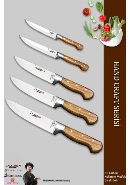 Hand Craft Mutfak Bıçak Seti Et Ekmek Sebze Bıçağı 5 Li Set Günlük Kullanım ( Mtf-037 )