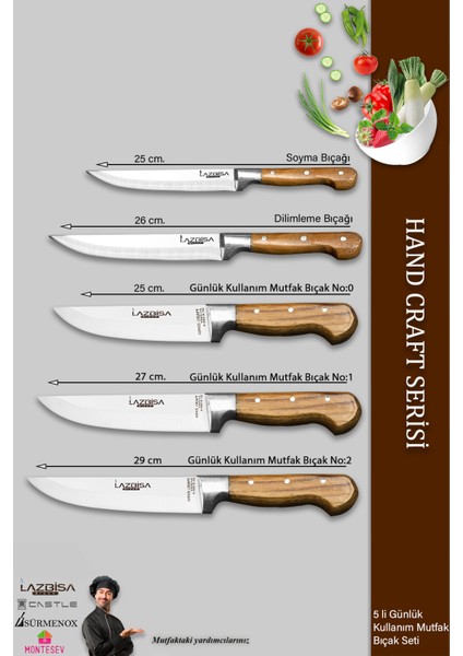 Hand Craft Mutfak Bıçak Seti Et Ekmek Sebze Bıçağı 5 Li Set Günlük Kullanım ( Mtf-037 )