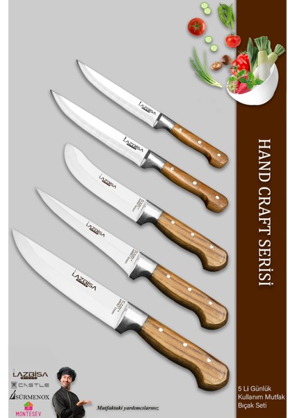 Hand Craft Mutfak Bıçak Seti Et Ekmek Sebze Bıçağı 5 Li Set Günlük Kullanım ( Mtf-037 )