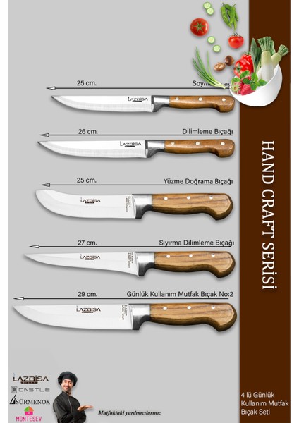 Hand Craft Mutfak Bıçak Seti Et Ekmek Sebze Bıçağı 5 Li Set Günlük Kullanım ( Mtf-037 )