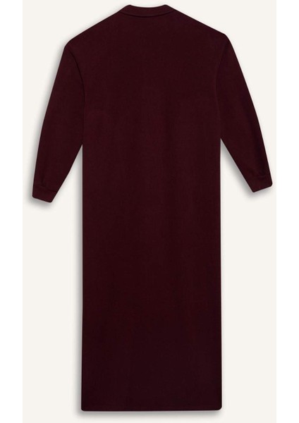 Loose Fit Fermuarlı Polo Yaka Selanik Kumaş Basic Düz Uzun Kollu Midi Elbise F1640AX25SP