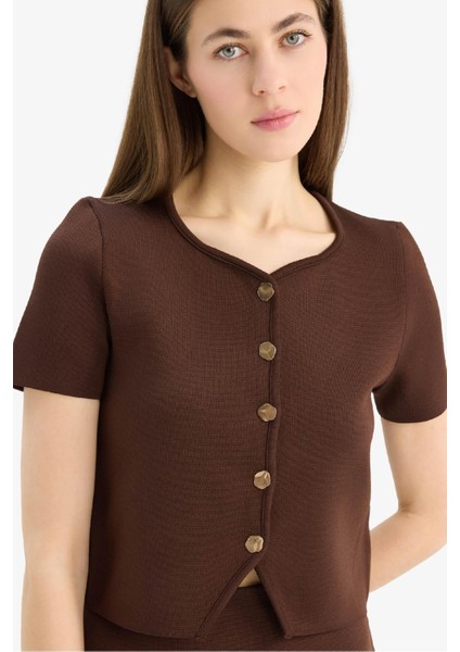 Fitted Bisiklet Yaka Düğmeli Kısa Kollu Triko Hırka F1882AX25SM