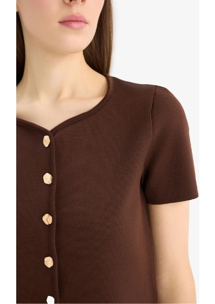 Fitted Bisiklet Yaka Düğmeli Kısa Kollu Triko Hırka F1882AX25SM