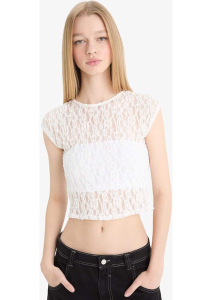 Coool Fitted Crop Dantel Kısa Kollu Beyaz Bluz F1778AX25SM