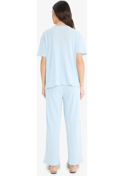Regular Fit Pijama Takımı Kısa Kollu V Yaka Üst Esnek Belli Uzun Alt-Fall in Love E9831AX25SM