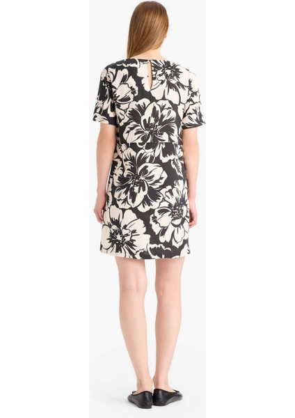 Bisiklet Yaka Çiçek Desenli Kısa Kollu Mini Yazlık Elbise F1834AX25SM