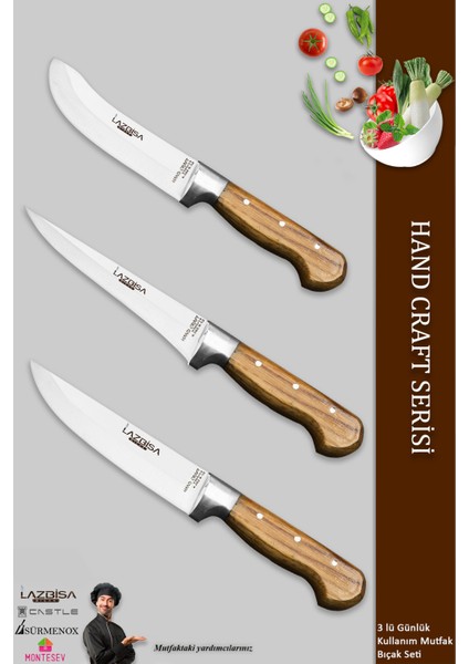 Hand Craft Mutfak Bıçak Seti Et Ekmek Sebze Bıçağı 3 Lü Set Günlük Kullanım ( Mtf-033 )