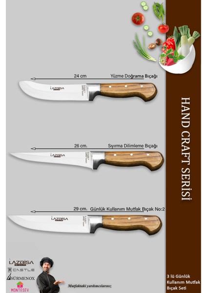 Hand Craft Mutfak Bıçak Seti Et Ekmek Sebze Bıçağı 3 Lü Set Günlük Kullanım ( Mtf-033 )