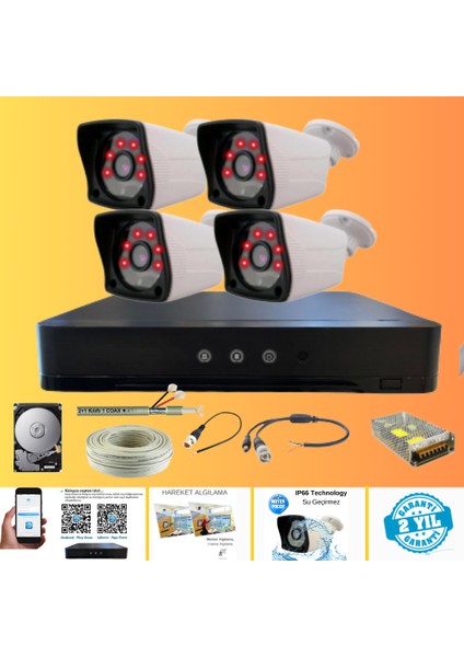 4 Kameralı Kare 4 Dış Kameralı Set 250 GB Harddisk Full Hd Gece Görüşlü Güvenlik Kamerası Sistemi