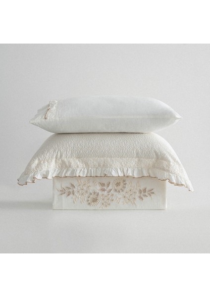 Flora Çift Kişilik Nevresim Takımı %100 Organik Pamuk Keten Brodeli Krem 200X220 cm