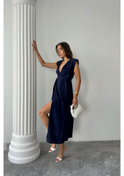 Kruvaze Vatkalı Kolsuz Elbise Modal Kumaş - Lacivert fiyatları