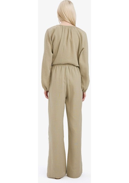 Wide Leg Müslin Kumaş Palazzo Pantolon Çift Cepli Yüksek Bel Geniş Paça E3934AX25SM