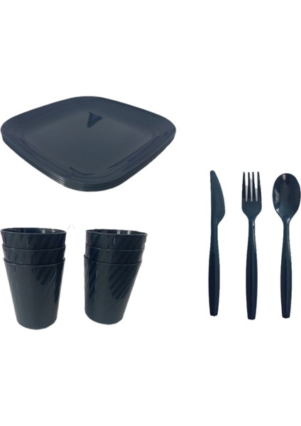 Home 32 Parça 6 Kişilik Çantalı Piknik Seti / Çantalı Servis Seti /antrasit Piknik Seti