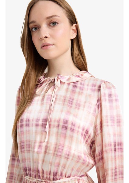 Regular Fit Gömlek Yaka Desenli Saten Uzun Kollu Maxi Elbise F2725AX25SM