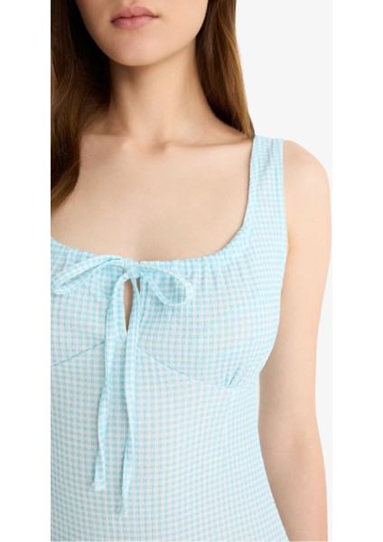 Coool Bodycon Vücudu Saran Kare Yaka Pötikareli Bürümcük Askılı Mini Yazlık Elbise F2759AX25SM