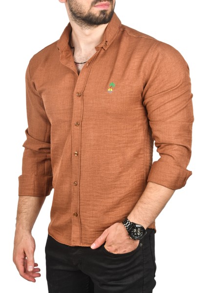 Slim Fit Dar Kesim Keten Gömlek Pamuklu Spor Gömlek 2501305