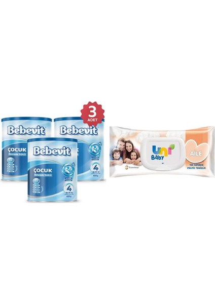 4 Bebek Devam Sütü 400 gr 3 Adet + Uni Baby Aile Islak Mendil 90 Lı 1 Adet