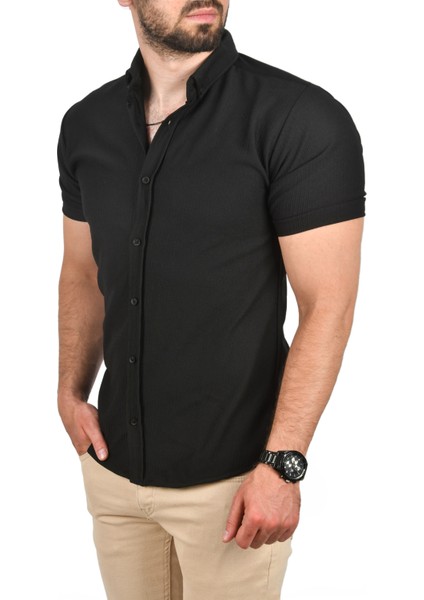 Slim Fit Pamuklu Spor Gömlek Likralı Dar Kesim Jakar Kumaş Kısa Kol Gömlek 2501210 fiyatları