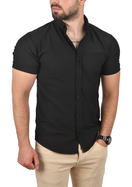 Slim Fit Pamuklu Spor Gömlek Likralı Dar Kesim Jakar Kumaş Kısa Kol Gömlek 2501210 fırsatları