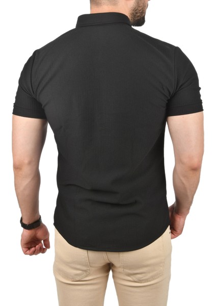 Slim Fit Pamuklu Spor Gömlek Likralı Dar Kesim Jakar Kumaş Kısa Kol Gömlek 2501210 indirimleri