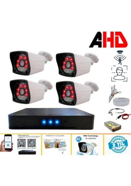 4 Kameralı Kare 4 Dış Kamera Set Harddisksiz Full Hd Gece Görüşlü Güvenlik Kamerası Sistemi