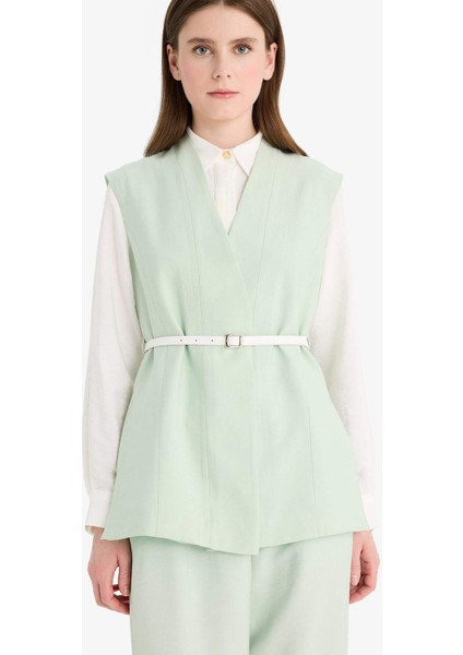 V Yaka Kemerli Twill Tesettür Klasik Yelek F1371AX25SM