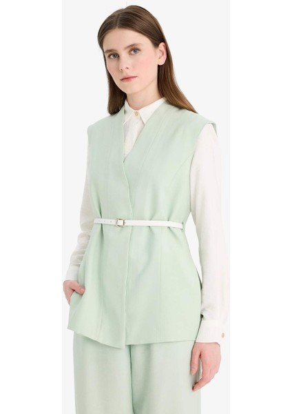 V Yaka Kemerli Twill Tesettür Klasik Yelek F1371AX25SM