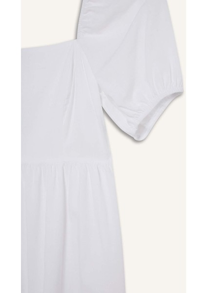 Kare Yaka Poplin Kısa Kollu Maxi Beyaz Yazlık Elbise F3108AX25SM