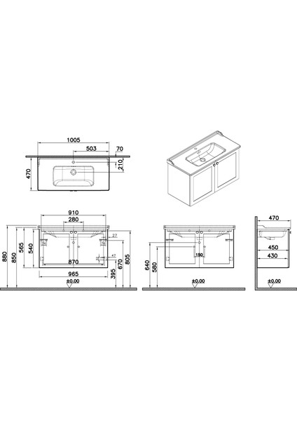 Root CLASSIC 68748 Kapaklı Lavabo Dolabı, Mat Lacivert, 100 cm