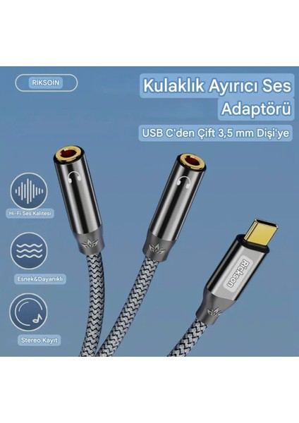 Type-C To 3,5 mm Aux Ses Kulaklık Ayırıcı 2'si 1 Arada Ses Adaptörü Hi-Fi Ses Kalitesi Yüksek Çözünürlüklü Jack Çevirici Aux