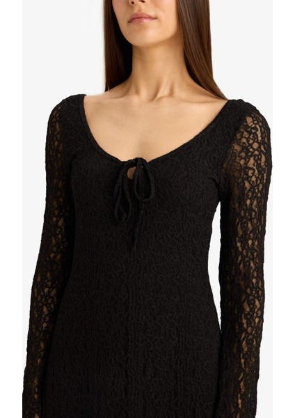 V Yaka Dantel Uzun Kollu Mini Elbise F3465AX25SP