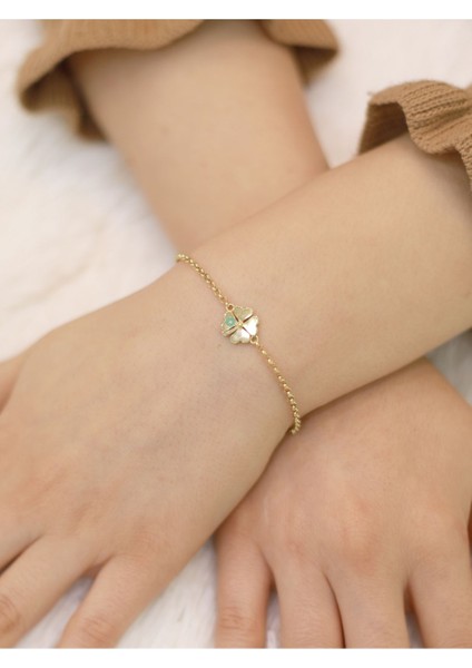 14 Ayar Altın Kalpli Mineli Yonca Bileklik